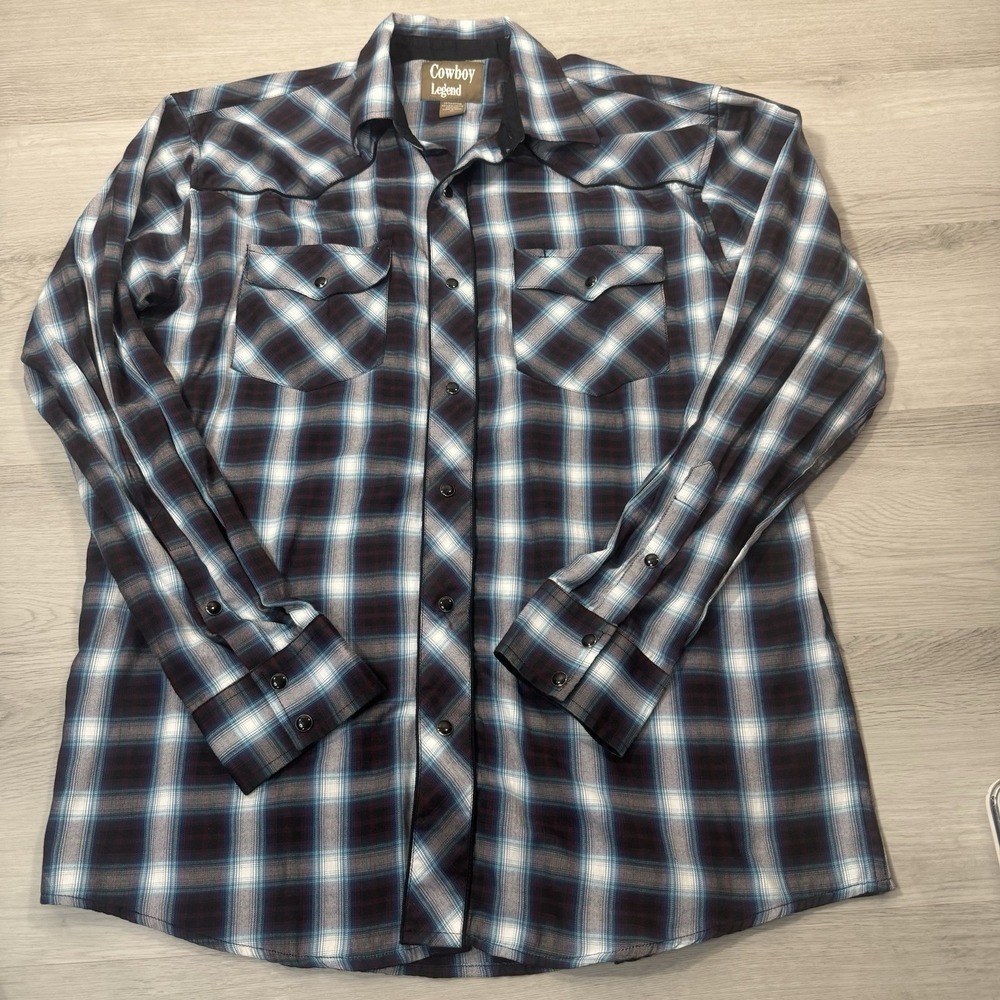 Cowboy Legend Pearl Snap Western Shirt XL Plaid Navy Teal Burgundy Rodeo Country
